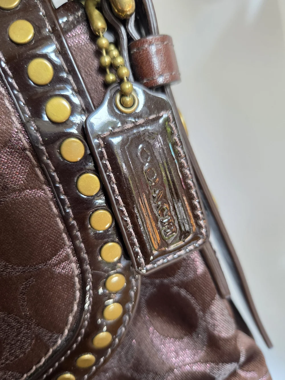Coach Brown Signature Monogram Shoulder Bag with Gold Stud Accents, Dust Bag,Y2K